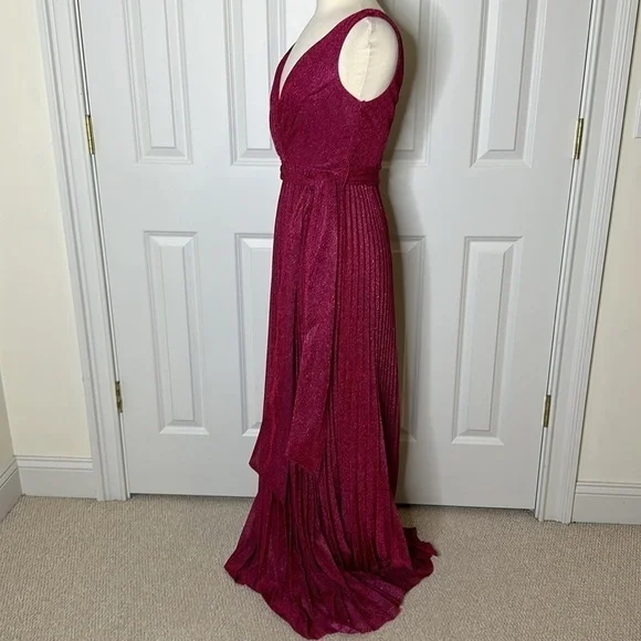 Maniju Magenta Sparkle V Neck Pleated Maxi Dress SzMedium - Picture 5 of 8